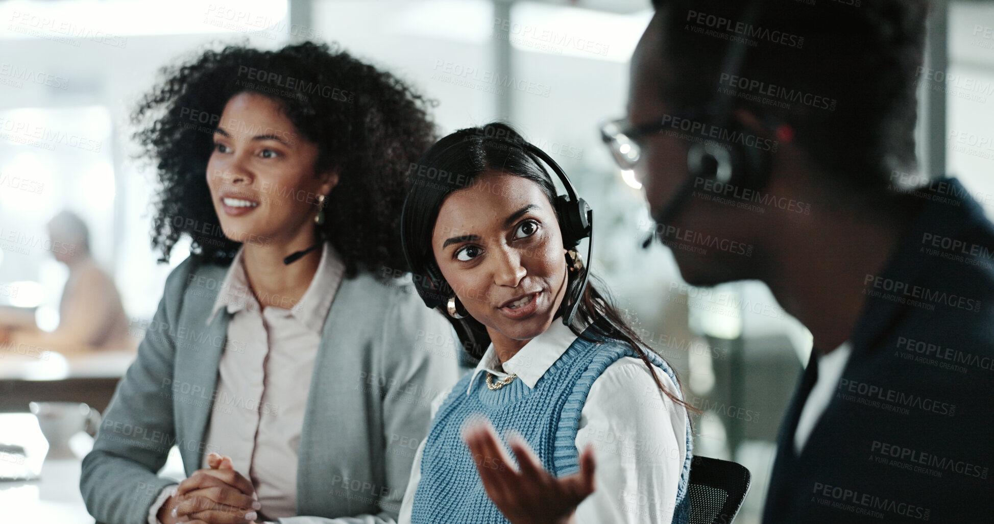 Buy stock photo Manager, call center and advice with customer support, training and help for computer teamwork. Business people, communication and employees for CRM service, online consulting and b2b problem solving