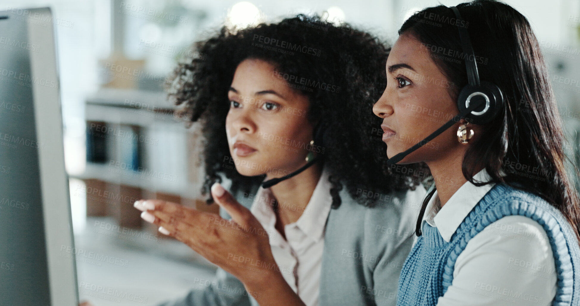 Buy stock photo Manager, call center and teamwork with customer support, training and help for computer advice. Business women, communication and employees for CRM service, online consulting and b2b problem solving