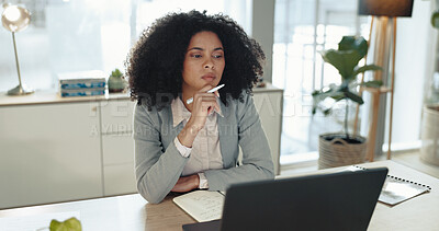 Buy stock photo Thinking, laptop and businesswoman in office with ideas, planning or decision for finance report. Computer, problem solving and financial advisor with stock market investment proposal for company.