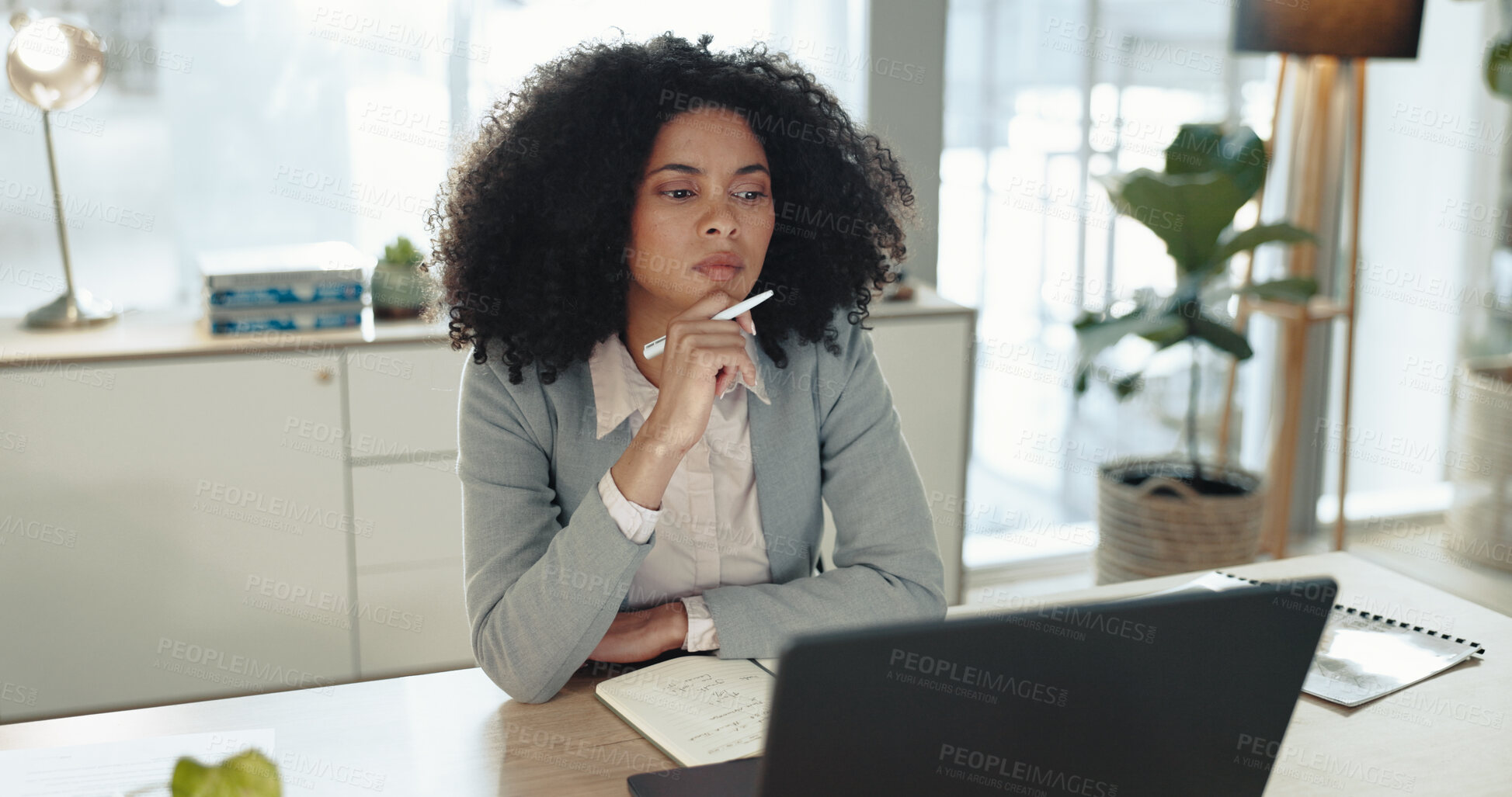 Buy stock photo Thinking, laptop and businesswoman in office with ideas, planning or decision for finance report. Computer, problem solving and financial advisor with stock market investment proposal for company.