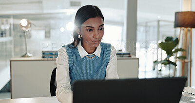 Buy stock photo Finance, laptop and reading with accountant woman at desk in office for bookkeeping report. Computer, research and typing with accounting assistant in workplace for financial or wealth management