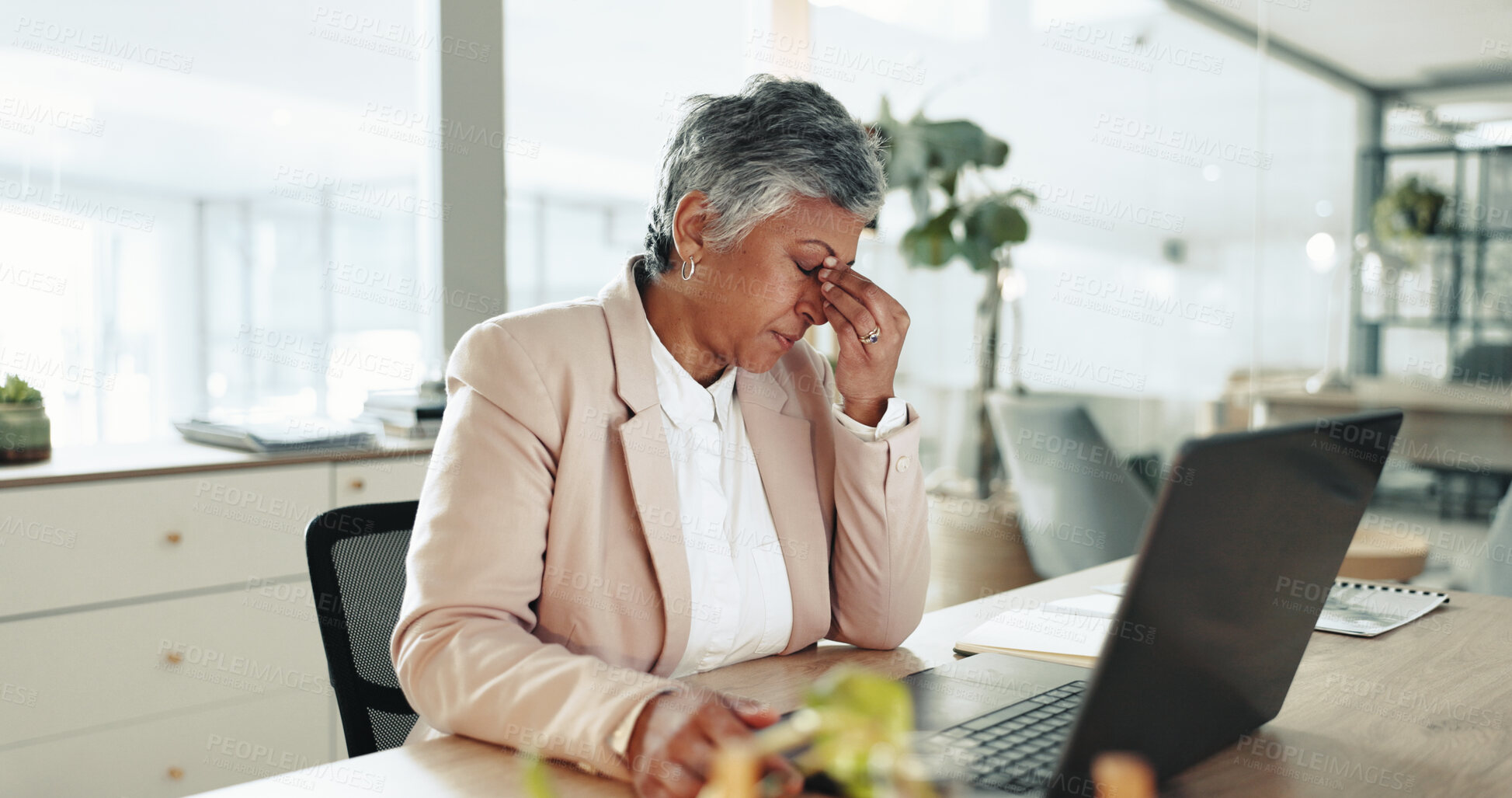 Buy stock photo Burnout, headache and mature businesswoman in office with laptop for stock market crash with finance loss. Migraine, stress and financial advisor upset for crisis, debt or bankruptcy of company.