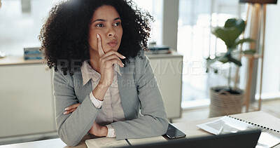 Buy stock photo Thinking, laptop and businesswoman in office with problem solving, planning or decision for finance report. Computer, ideas and financial advisor with stock market investment proposal for company.