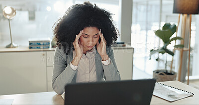 Buy stock photo Stress, headache and businesswoman in office with laptop for stock market crash with finance loss. Migraine, mistake and female financial advisor upset for crisis, debt or bankruptcy of company.