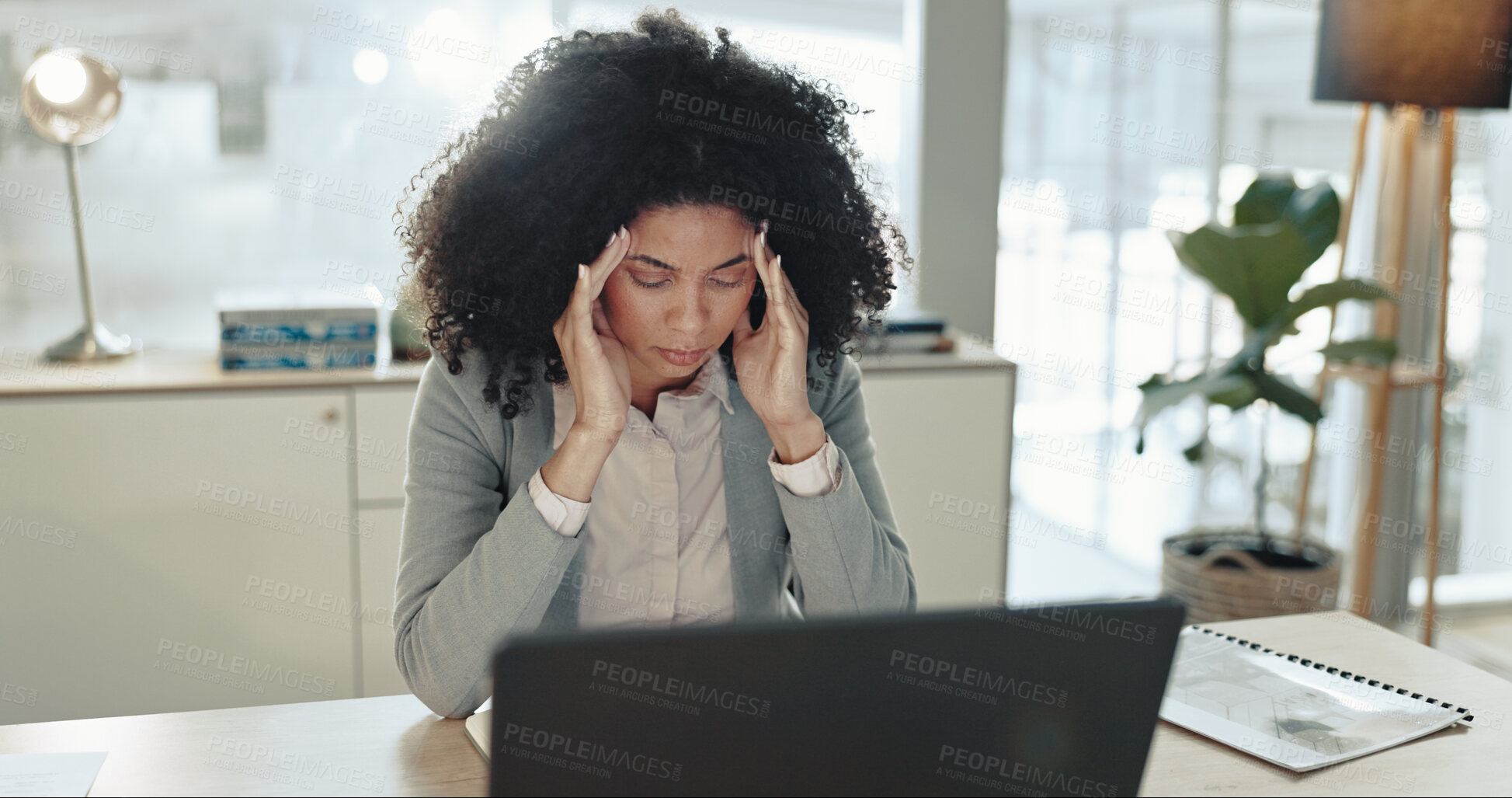 Buy stock photo Stress, headache and businesswoman in office with laptop for stock market crash with finance loss. Migraine, mistake and female financial advisor upset for crisis, debt or bankruptcy of company.