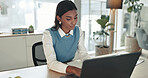 Accounting, finance and laptop with business Indian woman at desk in office for bookkeeping report. Computer, research and typing with professional accountant in workplace for financial management