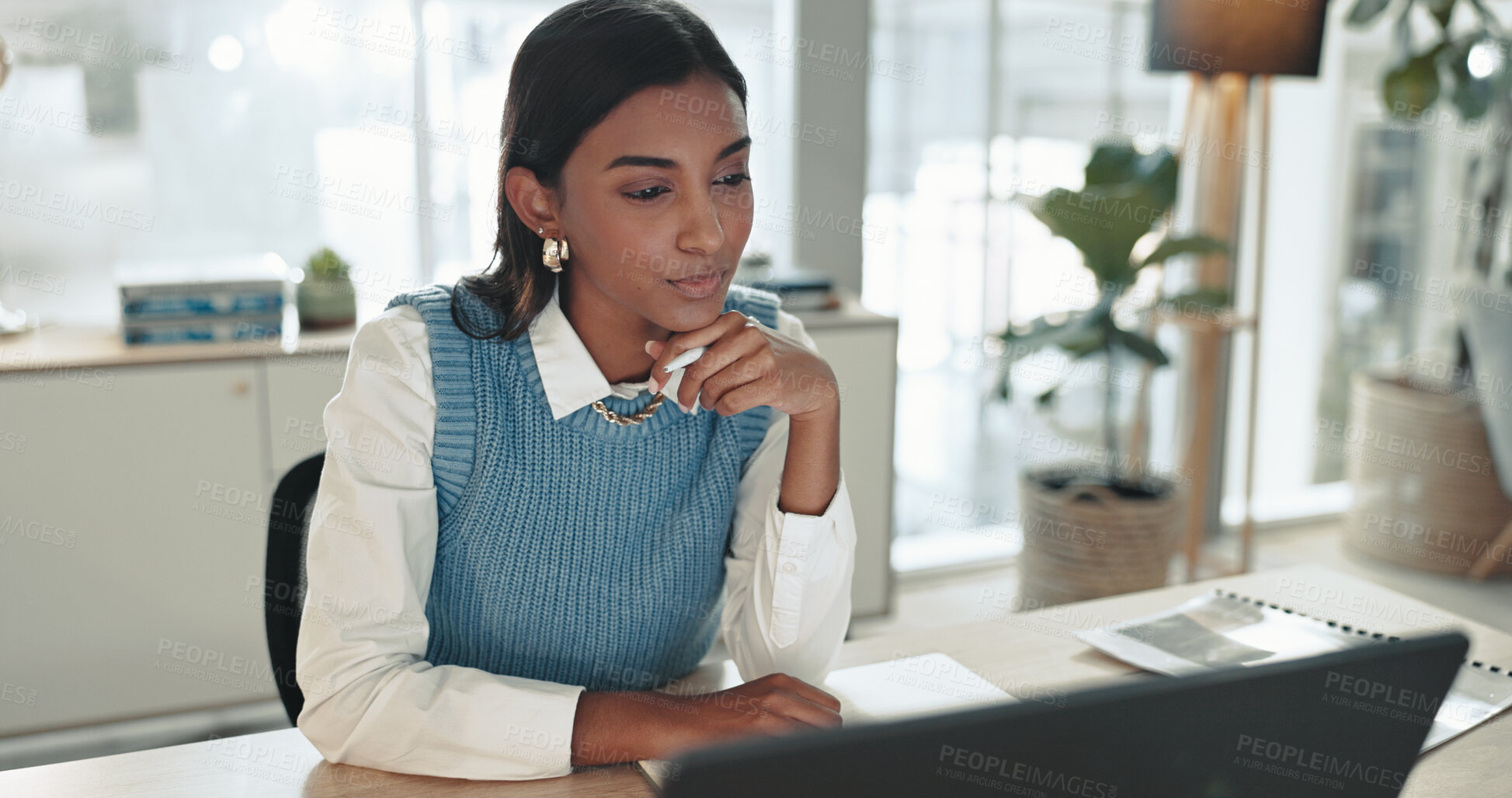 Buy stock photo Thinking, laptop and business woman in office with ideas, planning or decision for finance report. Computer, problem solving and financial advisor with stock market investment proposal for company.