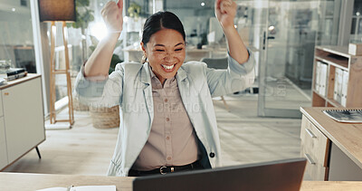 Buy stock photo Celebration, excited and woman with laptop, office and happy for feedback, editor and success in newsroom. Journalism, smile and online for story, cheering and achievement for person and notification