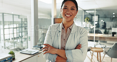 Buy stock photo Smile, entrepreneur and portrait of woman with arms crossed for professional, pride and management in office. Creative, journalist or news editor for publishing, content creation and press startup