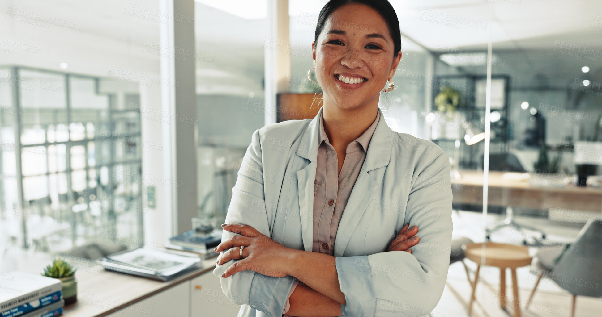 Buy stock photo Smile, entrepreneur and portrait of woman with arms crossed for professional, pride and management in office. Creative, journalist or news editor for publishing, content creation and press startup