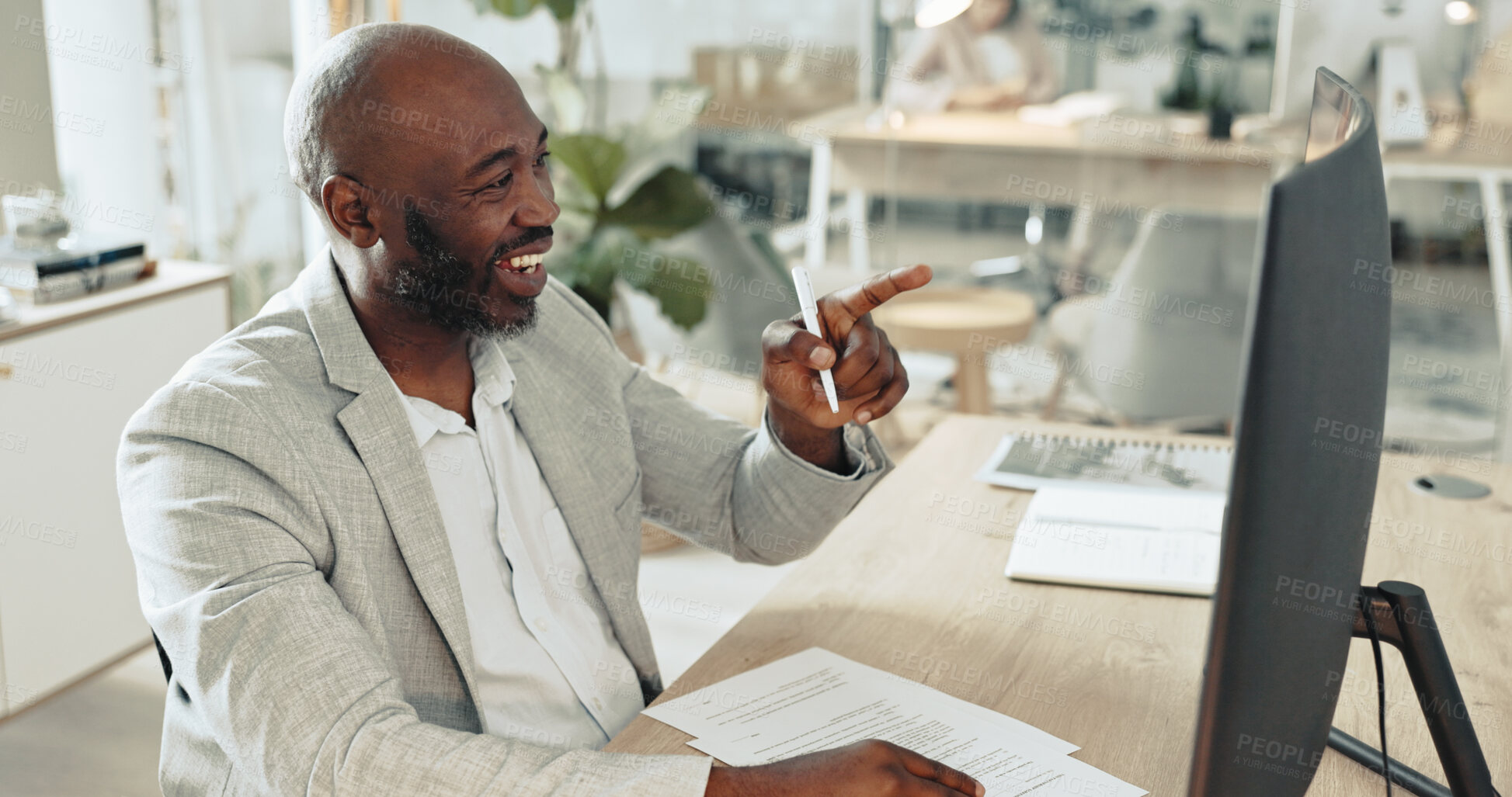 Buy stock photo Computer, business and happy black man reading email for good news, profit or point at investment results. Office, smile or professional consultant on desktop for funding approval or financial equity