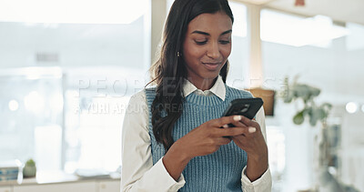 Buy stock photo Notification, phone and businesswoman in office with typing for email, communication or networking. Technology, research and female attorney with cellphone for contact on company policies online.