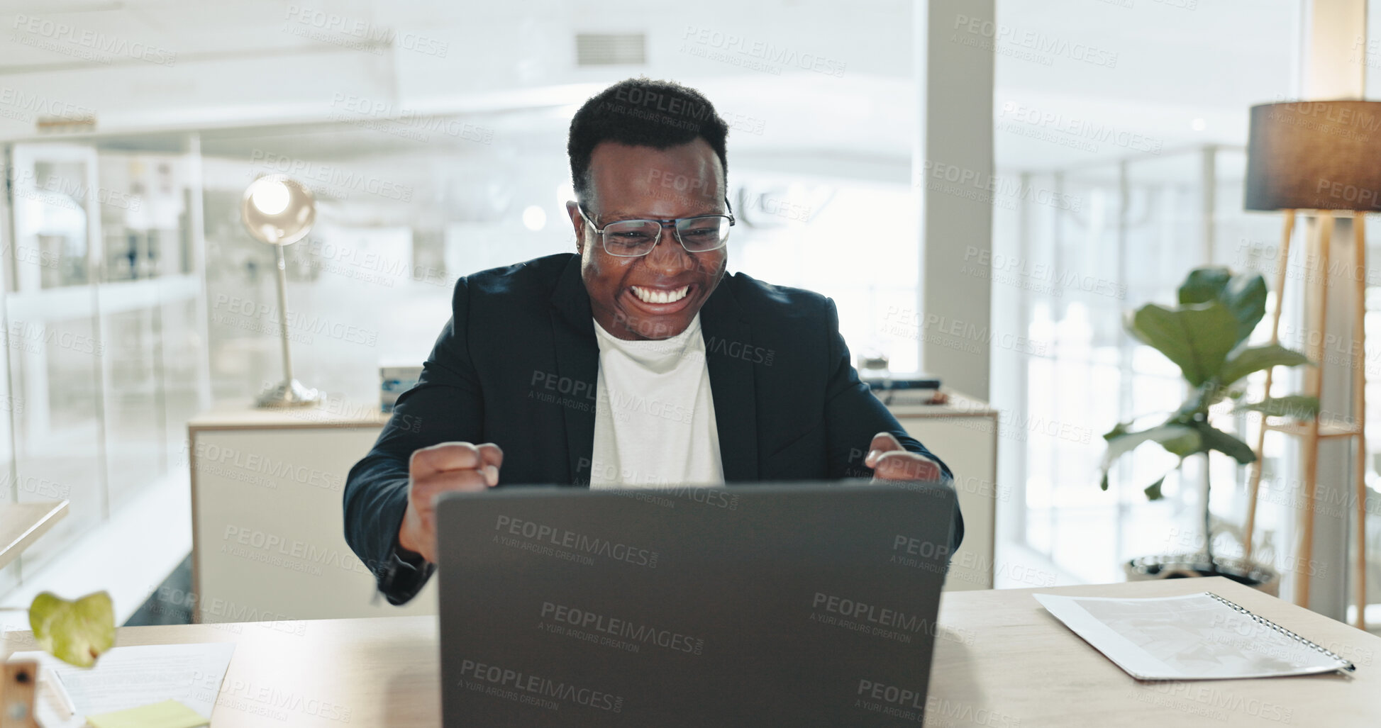 Buy stock photo Happy, success and man with laptop, office and celebration for feedback, publicist and notification. Alert, excited and joy for achievement, yes and email for black person, promotion and smile