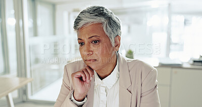 Buy stock photo Thinking, confused and mature businesswoman in office with ideas, planning or decision for finance report. Problem solving, brainstorming and financial advisor with stock market investment proposal.