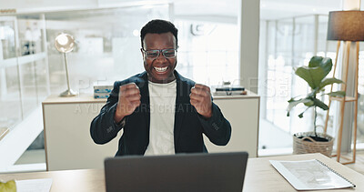 Buy stock photo Celebration, success and man with laptop, office and happy for feedback, publicist and notification. Alert, excited and joy for achievement, yes and email for black person, promotion and smile