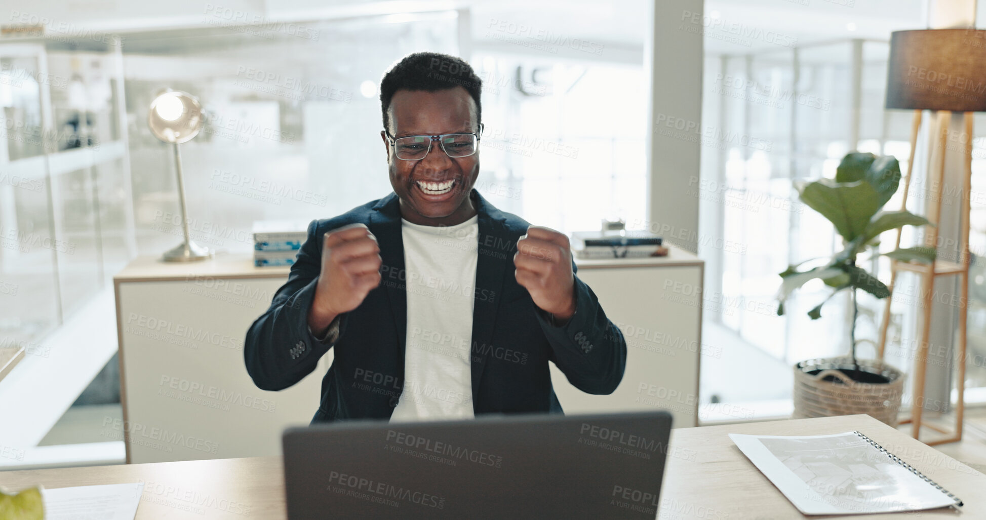 Buy stock photo Celebration, success and man with laptop, office and happy for feedback, publicist and notification. Alert, excited and joy for achievement, yes and email for black person, promotion and smile