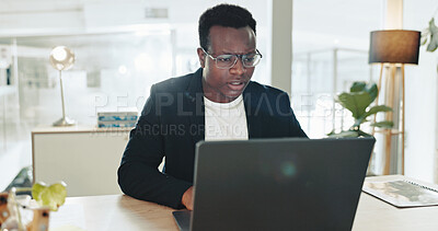 Buy stock photo Accounting, finance and laptop with business black man at desk in office for bookkeeping report. Computer, reading and research with professional accountant in workplace for financial management