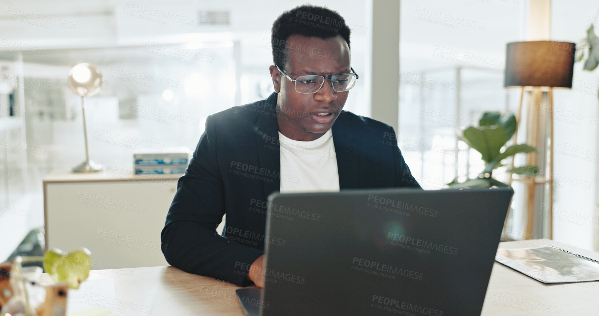 Buy stock photo Accounting, finance and laptop with business black man at desk in office for bookkeeping report. Computer, reading and research with professional accountant in workplace for financial management