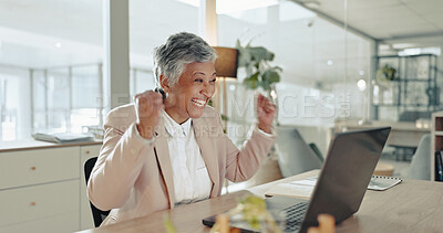 Buy stock photo Celebration, mature woman and notification on laptop, alert and happy with feedback and achievement. Office, shocked and person with laptop, winner and accountant in company, funding and excited