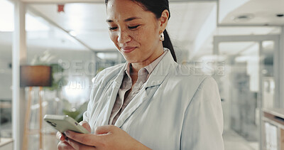 Buy stock photo Email, cellphone and businesswoman in office with typing for connectivity, communication or networking. Technology, research and Asian attorney with cellphone for contact on company policies online.