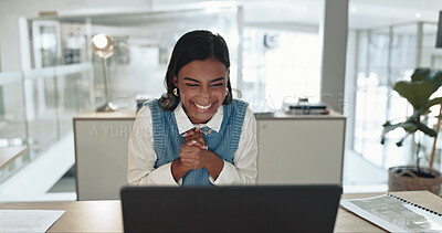 Buy stock photo Celebration, woman and happy for success, office and excited with funding, alert and surprised. Notification, reading and person with laptop, winner and entrepreneur with investment for business