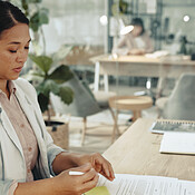 Processing Female Employee Business, woman and computer with legal documents at office for data ...