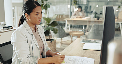 Buy stock photo Business, woman and computer with paperwork at office for data capture and information as hr manager. Female person, employee and legal documents with report, employment contracts and guidelines