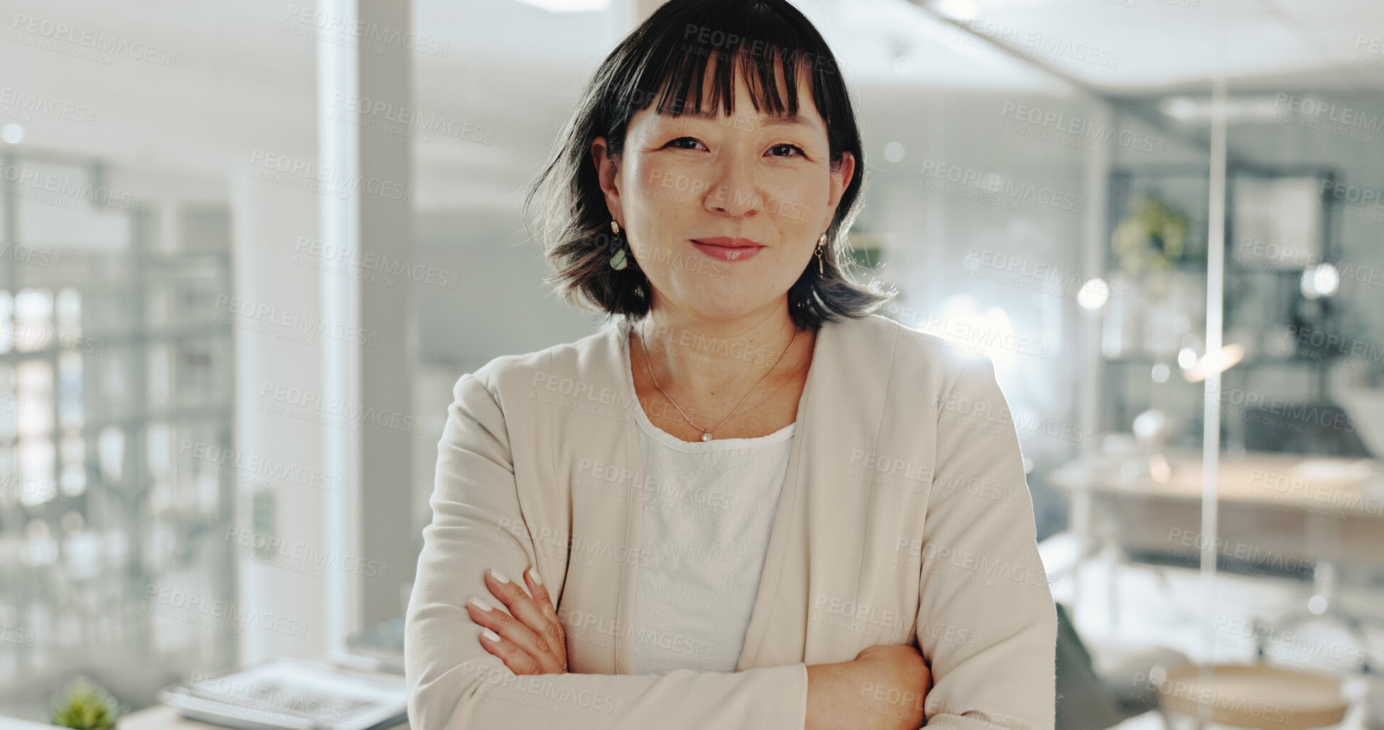 Buy stock photo Smile, confidence and portrait of woman with arms crossed for professional, pride and entrepreneur in office. Creative, journalist or news editor for publishing, content creation and press startup