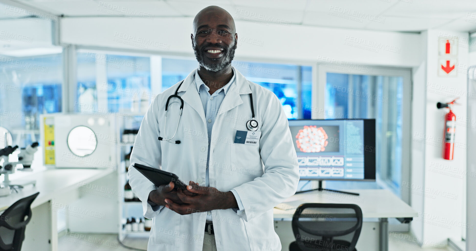 Buy stock photo Black man, scientist and smile on portrait at laboratory with pride or confidence for science research in Uganda. Male person, tablet and happy for scientific study with virus particles and medicine