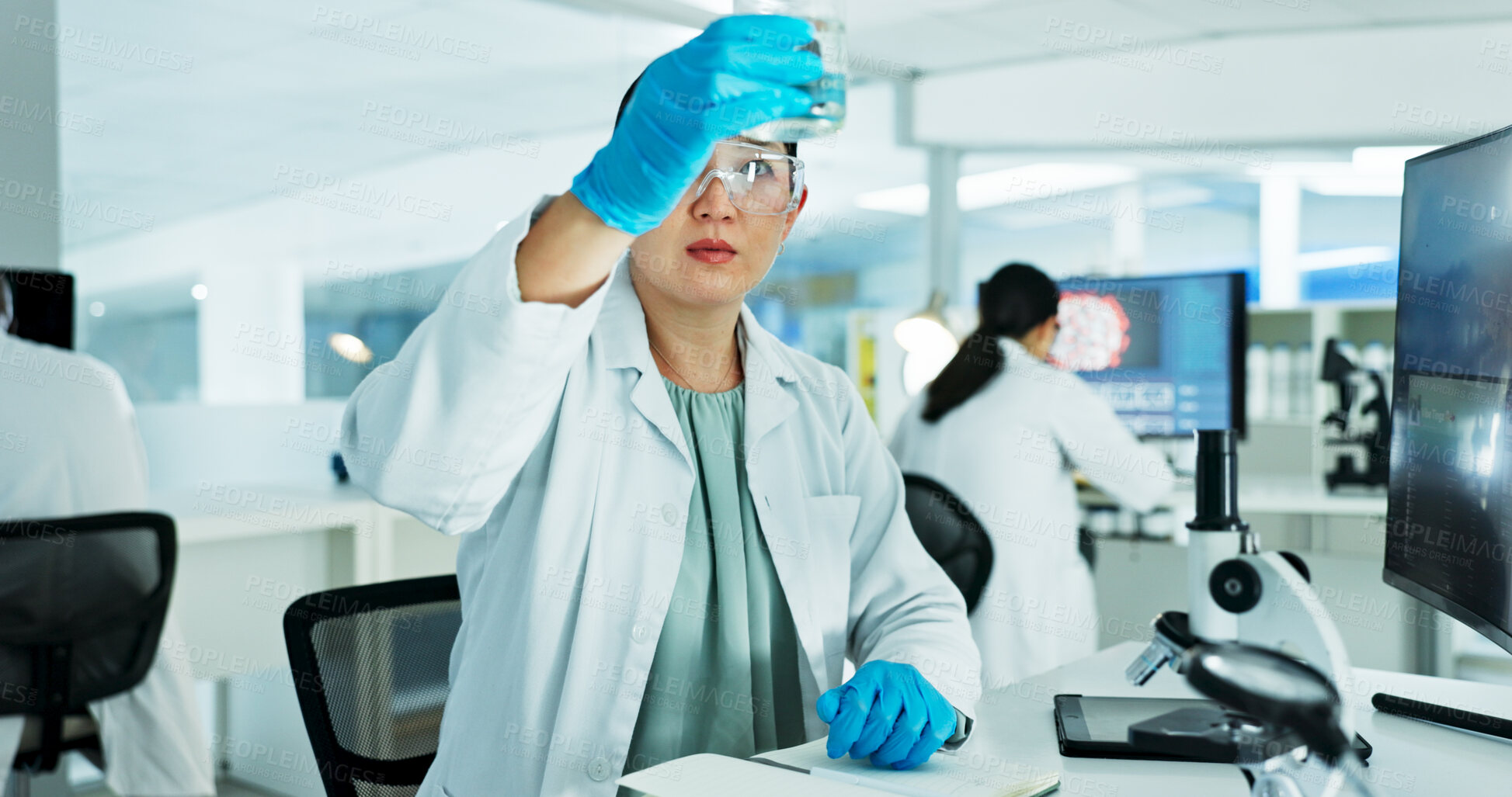 Buy stock photo Scientist, woman and beaker with check at lab for medical research, reaction or solution at pharmaceutical job. Person, container and thinking for drugs, liquid and vaccine development for mpox virus