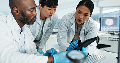 Buy stock photo Science, people and tablet in lab for investigation, brainstorming and planning for medicine development. Scientists, research team and tech at desk for learning, advice or virus vaccine engineering