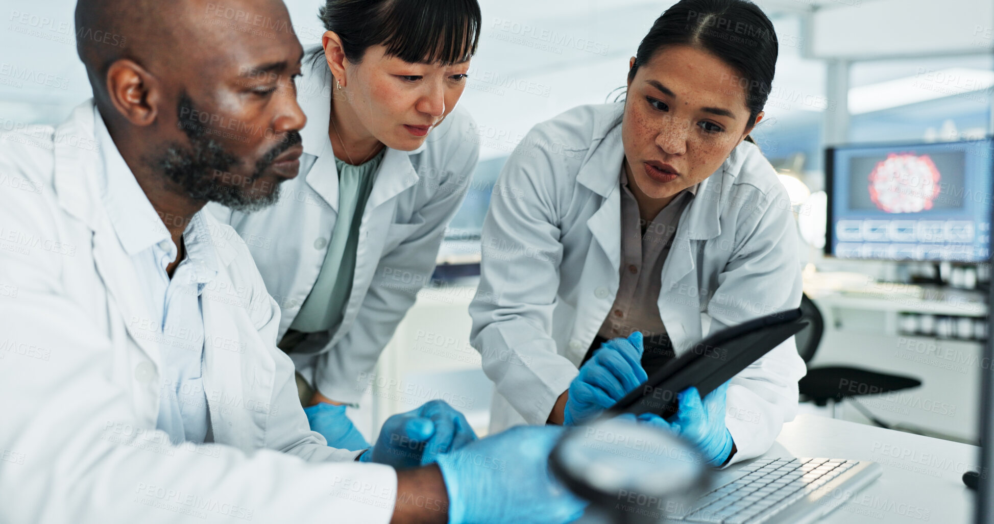 Buy stock photo Science, people and tablet in lab for investigation, brainstorming and planning for medicine development. Scientists, research team and tech at desk for learning, advice or virus vaccine engineering