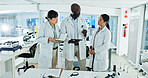 Scientist, team and discussion for research, notes and experiment results or medical information. People, notebook and laboratory technician with documents for virus development or pathology test