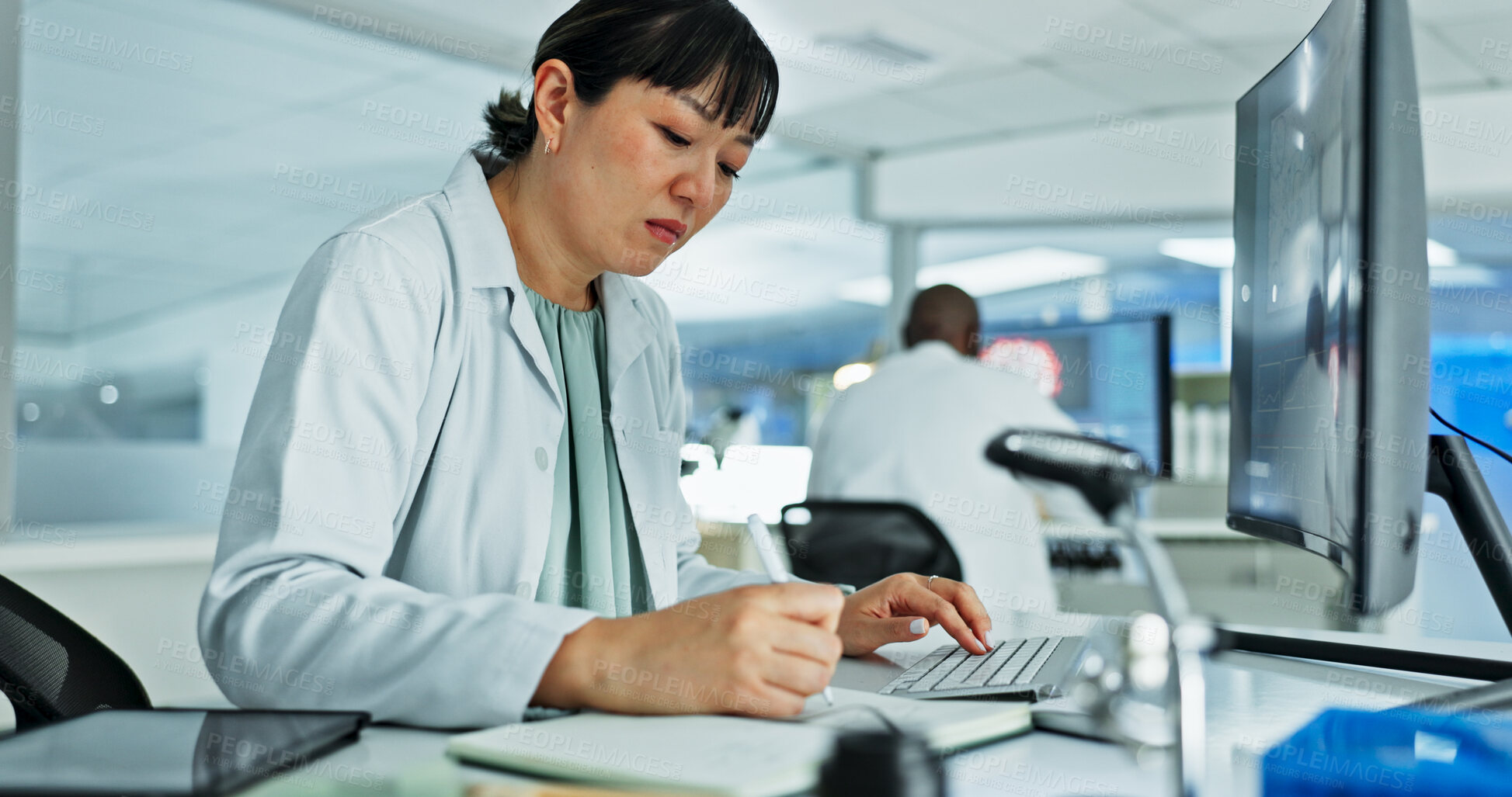 Buy stock photo Scientist, woman and study notes with computer, notebook and sample preparation in laboratory. Biochemistry, bacteria and solution with technician for DNA research, genetic innovation or results