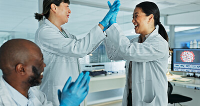 Buy stock photo Group, scientist and high five in lab with celebration, goals and breakthrough in medical research for pharma project. People, pc and cheeers with applause, success and vaccine development for mpox