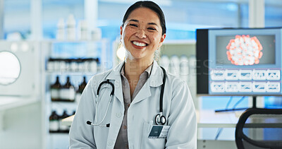 Buy stock photo Woman, scientist and smile on portrait at laboratory with pride or confidence for science research in Uganda. Female person, employee and happy for scientific study with virus particles and medicine