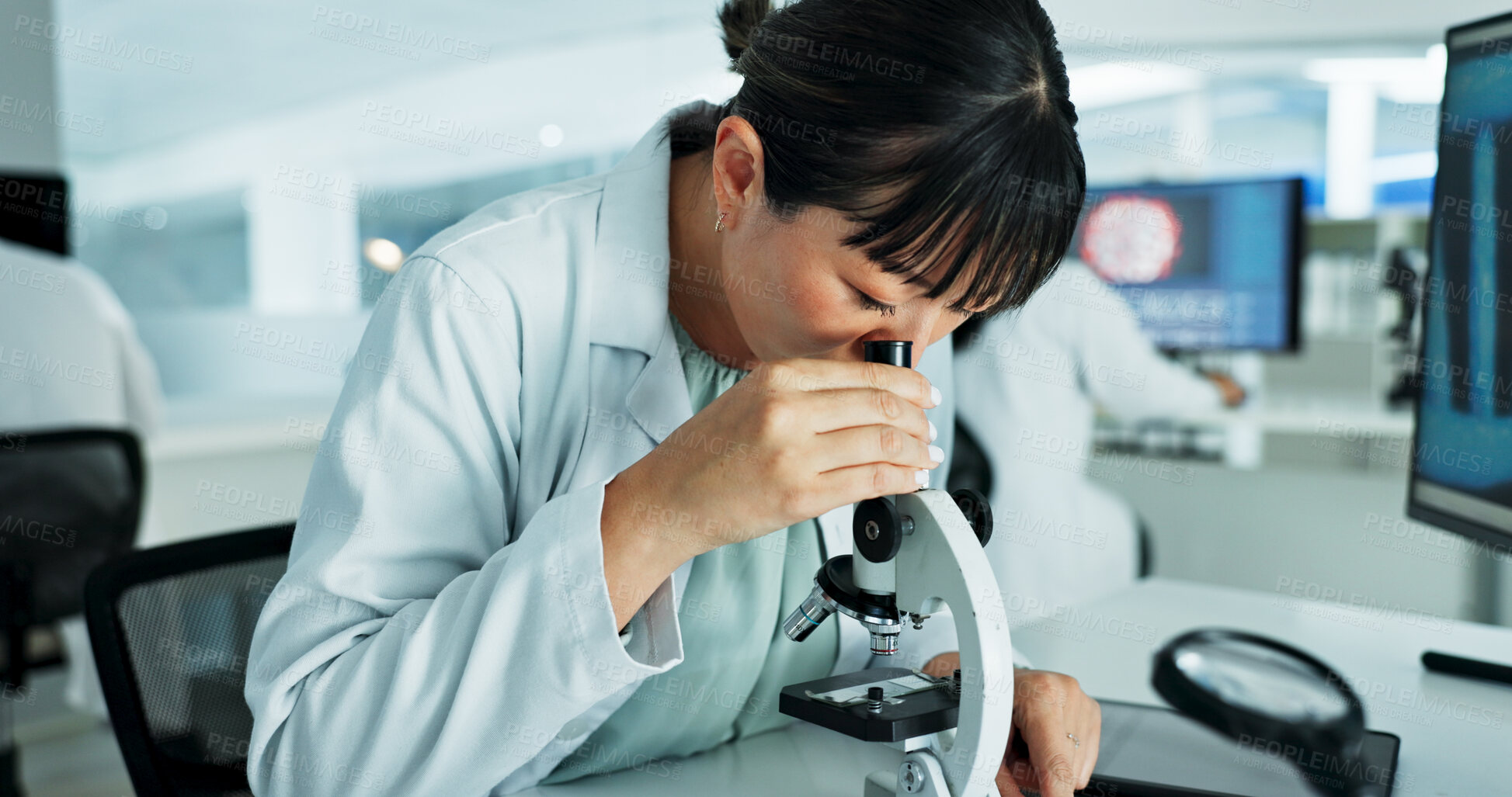 Buy stock photo Woman, microscope and science with dna in lab for medical research, review and check with pharmaceutical career. Person, lens and process for drugs, chemical and vaccine development for mpox virus