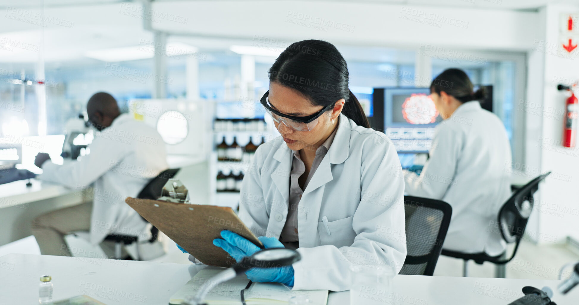 Buy stock photo Scientist, woman and checklist for research, notes and experiment results or medical information. Clipboard, update and laboratory technician with documents for virus development or pathology test