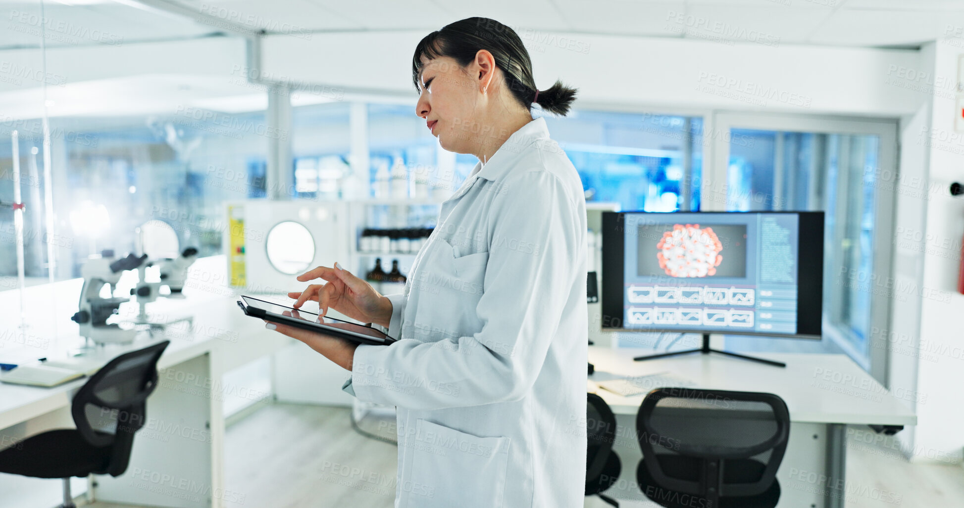 Buy stock photo Science, woman and tablet in lab for investigation, planning and innovation for medicine development. Scientist, research and tech in facility for study, reading report and virus vaccine engineering