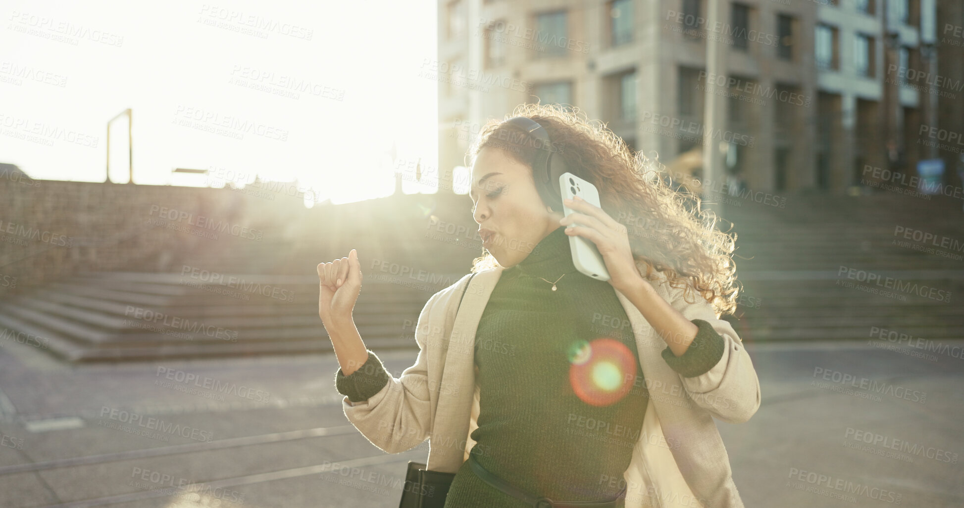 Buy stock photo Dance, happy and headphones with business woman in city for celebration, fashion and freedom. Energy, music and cool style with person in brazil outdoors for inspiration, excited and movement