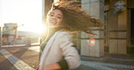 Dance, portrait and energy with business woman in city for celebration, fashion and freedom. Happiness, music and cool style with person in brazil outdoors for inspiration, excited and movement