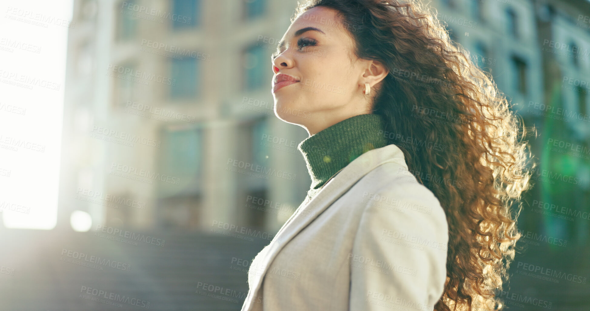 Buy stock photo Commuting, smile and woman on road, travel and confident for work, thinking and journey in morning. Trip, contemplating and professional with ideas for journalism, city and opportunity for person