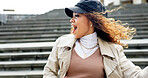 Dance, happy and freedom with business woman in city for celebration, fashion and success. Energy, music and cool style with female person in brazil outdoors for inspiration, excited and movement