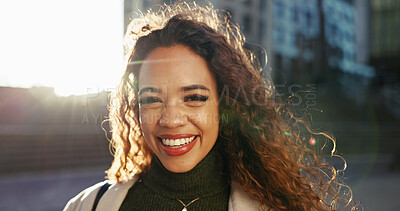 Buy stock photo Smile, career and portrait of business woman in city for morning commute, journey and opportunity. Happiness, confidence and pride with female employee in Brazil outdoors for professional and urban