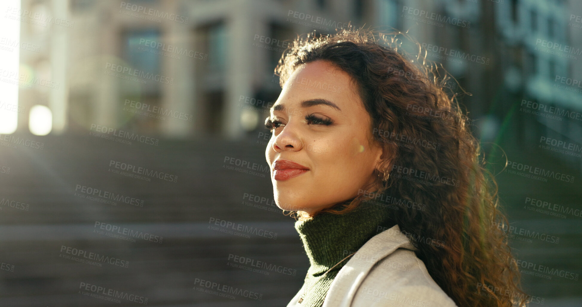 Buy stock photo Happy, thinking and woman with smile, city and travel for story, inspiration and confident for journalism. Outdoor, road and person with ideas for agency, reporter and contemplating in morning