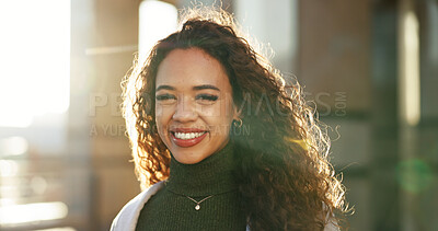 Buy stock photo Smile, pride l and portrait of business woman in city for morning commute, journey and opportunity. Happiness, confidence and professional with female employee in Brazil outdoors for career and urban