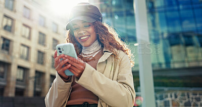 Buy stock photo Happy, low angle and phone with woman in city for direction, location app and travel. Social media, search and online map with person and mobile in Brazil for navigation, network and adventure