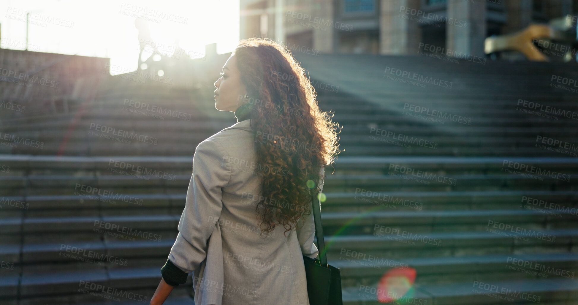 Buy stock photo Commuting, thinking and woman with bag, city and travel for story, inspiration and confident for journalism. Outdoor, road and person with ideas for agency, reporter and contemplating in morning