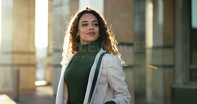 Buy stock photo Commuting, confident and woman with smile, city and travel for story, inspiration and happy for journalism. Outdoor, road and person with ideas for agency, reporter and contemplating in morning