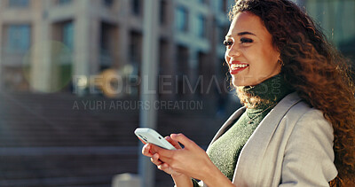 Buy stock photo Phone, thinking and happy businesswoman outdoor for inspiration, insight or perspective. Mobile, city and worker planning urban project with vision, dream and decision for real estate development